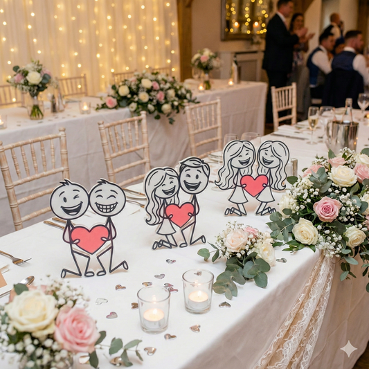 Présentation des trois modèles de couples inclusifs en 3D : homme-homme, homme-femme et femme-femme tenant un cœur rose.