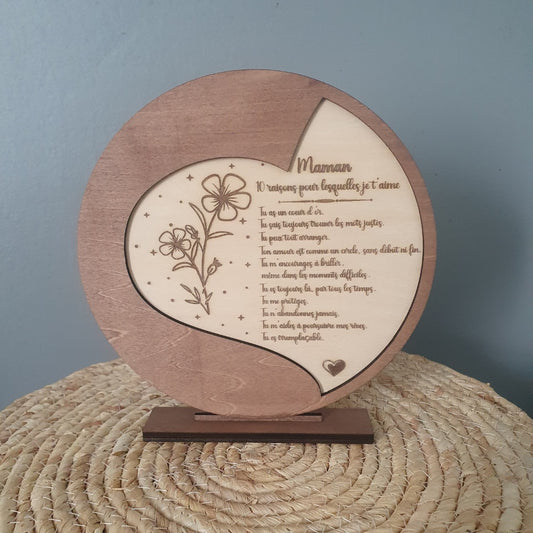 Décoration ronde en bois sur socle avec texte gravé 10 raisons pour lesquelles je t'aime Maman
