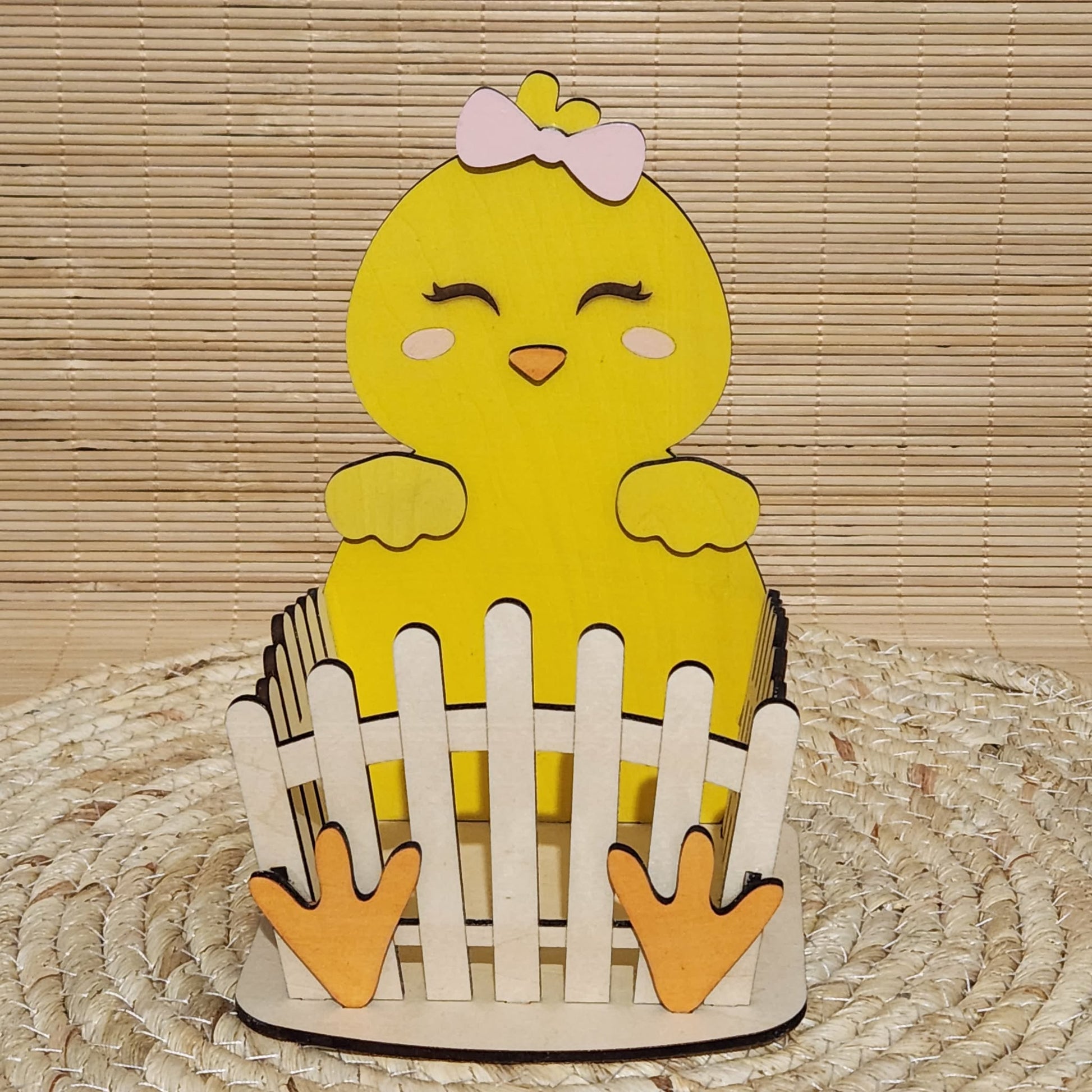 Contenant poussin bois version fille avec nœud rose