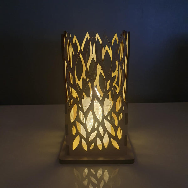 Photophore en bois motif Feuillage – Lanterne artisanale avec LED