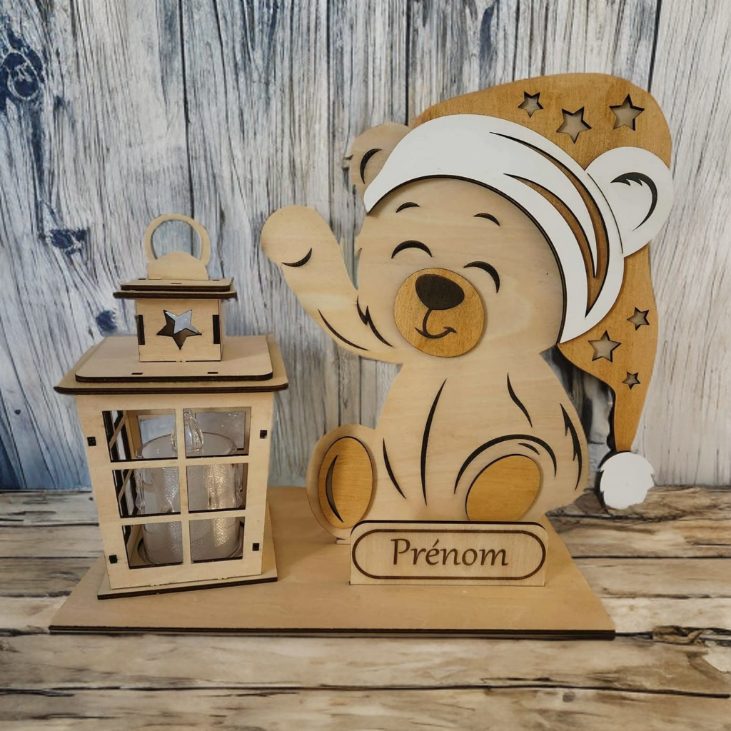 Veilleuse en bois personnalisée – Ourson ou Lapin (LED incluse)