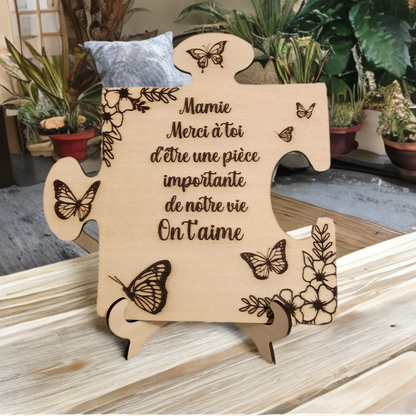 Plaque puzzle en bois personnalisée – Message gravé (20×20 cm)