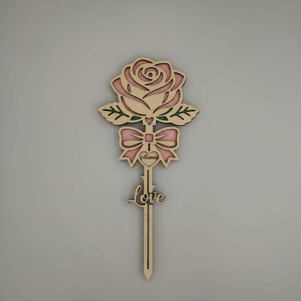Rose personnalisée bois 25cm modèle nœud et Love, gravure prénom Mamie sur cœur central, détails pailletés roses Atelier Créations.