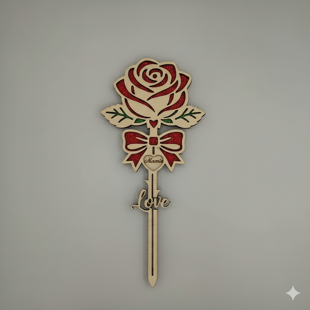 Rose éternelle en bois personnalisée avec nœud, inscription Love et prénom Mamie gravé, finitions pailletées rouges, épaisseur 6mm
