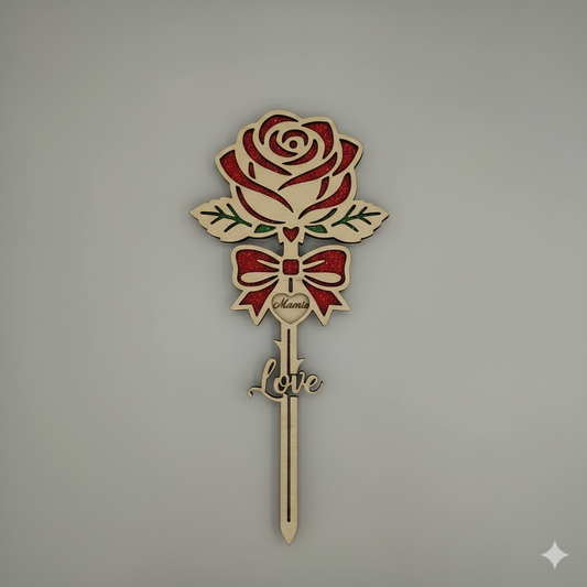 Rose éternelle en bois personnalisée avec nœud, inscription Love et prénom Mamie gravé, finitions pailletées rouges, épaisseur 6mm