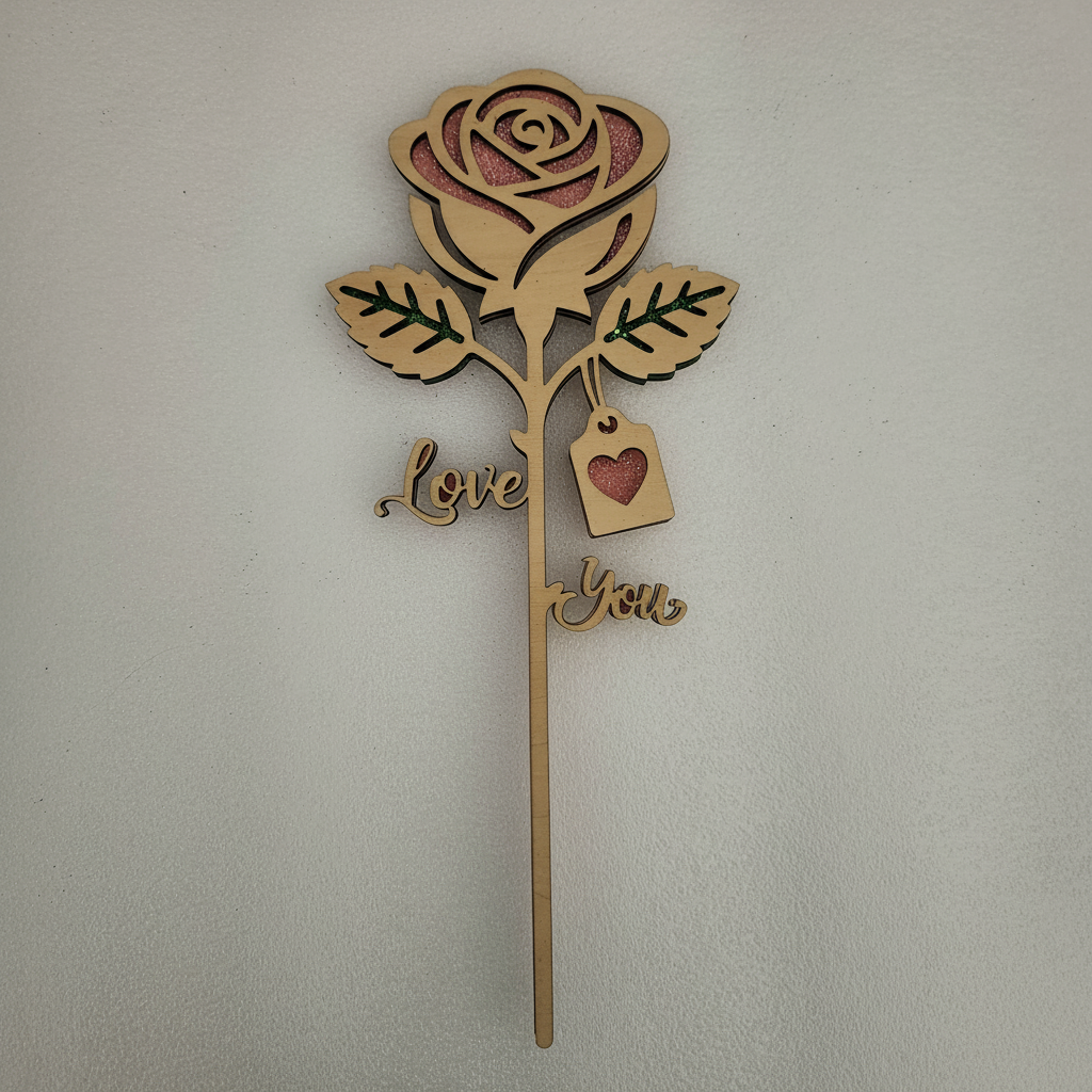 Rose éternelle en bois double couche 6mm, design Love You avec étiquette cœur et détails pailletés roses.