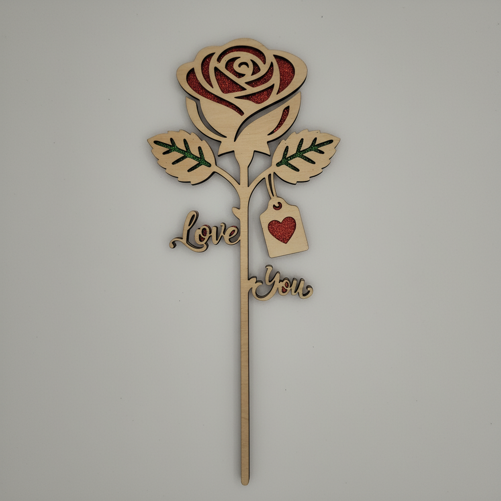 Rose en bois naturel 25cm avec motif Love You et étiquette cœur, finitions pailletées rouges par Atelier Créations.