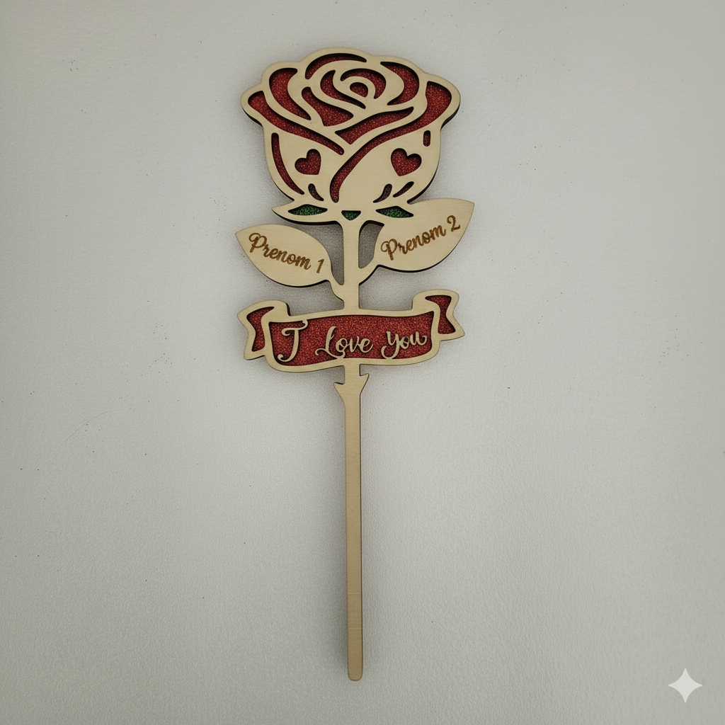 Rose éternelle en bois personnalisée avec deux prénoms gravés sur les pétales, finitions pailletées rouges et double couche.