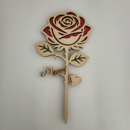 Rose éternelle en bois personnalisée avec gravure Mamie, finitions pailletées rouges et double couche 6mm.