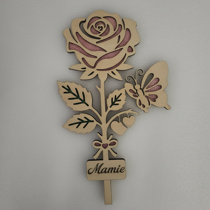 Rose éternelle en bois double couche 6mm personnalisée avec prénom, coloris rose scintillant, création artisanale Atelier Créations.
