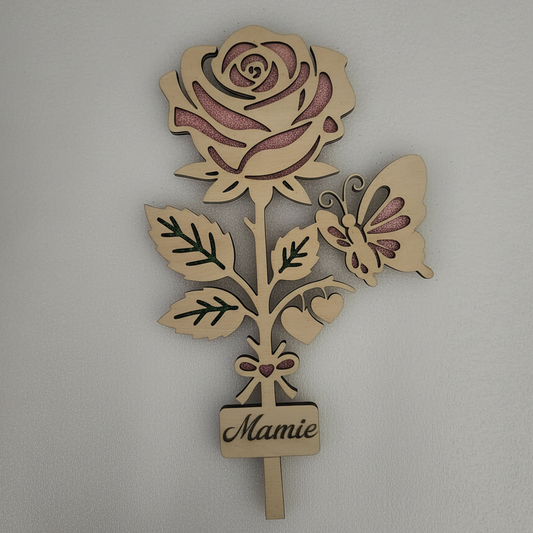 Rose éternelle en bois double couche 6mm personnalisée avec prénom, coloris rose scintillant, création artisanale Atelier Créations.