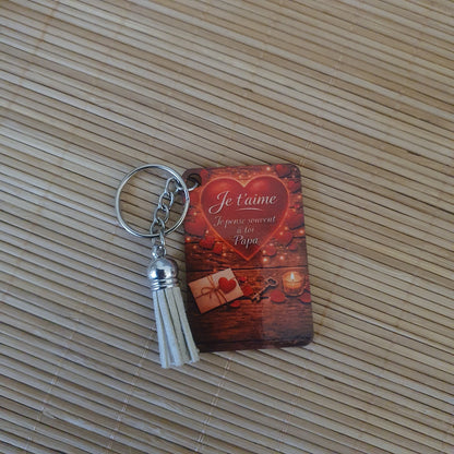 Dos porte-clés bois avec message Je t'aime Papa et motif coeur